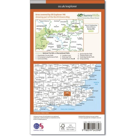 Surrey Three Peaks Map, OS Explorer Map 146 Dorking for Box Hill, Leith Hill, Holmbury Hill