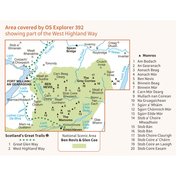 Ben Nevis Map, OS Explorer 392 Map for Ben Nevis