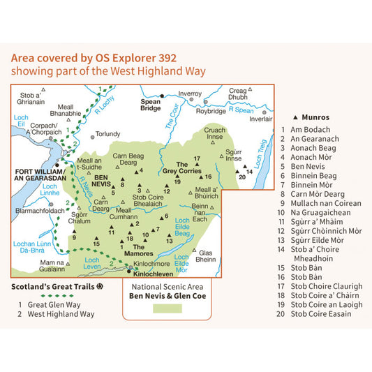 Ben Nevis Map, OS Explorer 392 Map for Ben Nevis
